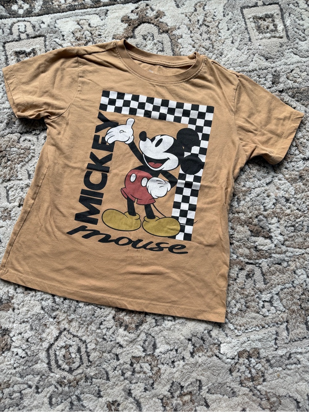 Disney Mickey Mouse Tan Graphic Tee with Checker Print